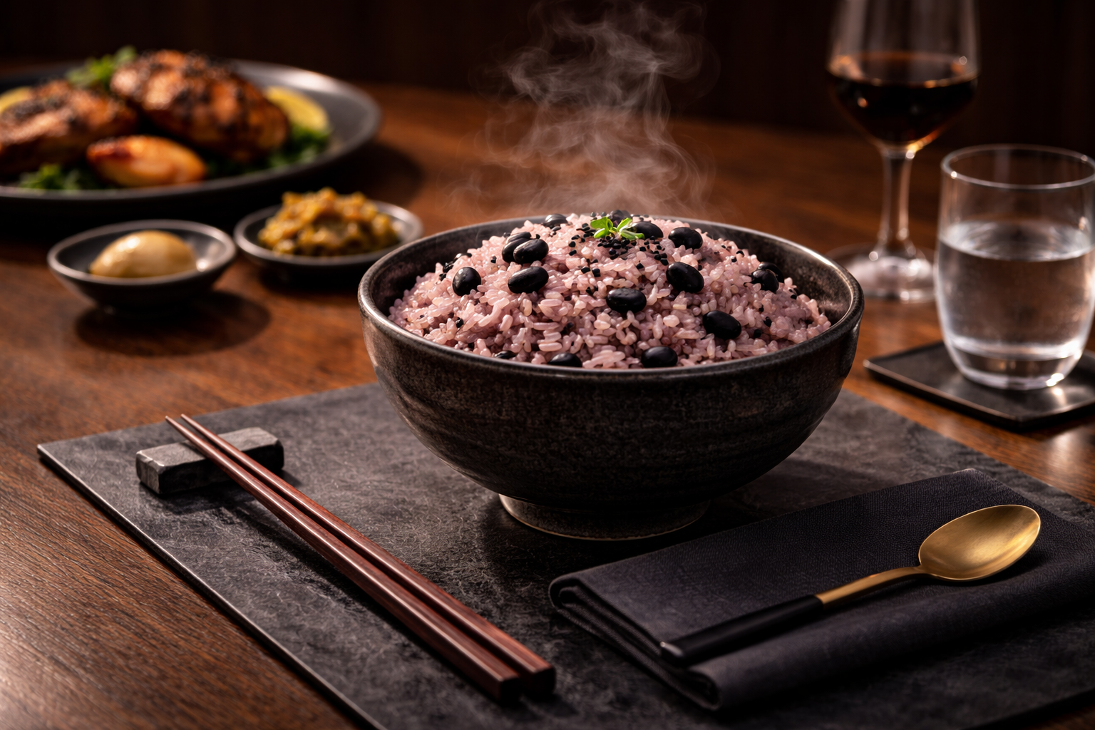 Business table wide view — dark wood, minimal tableware
