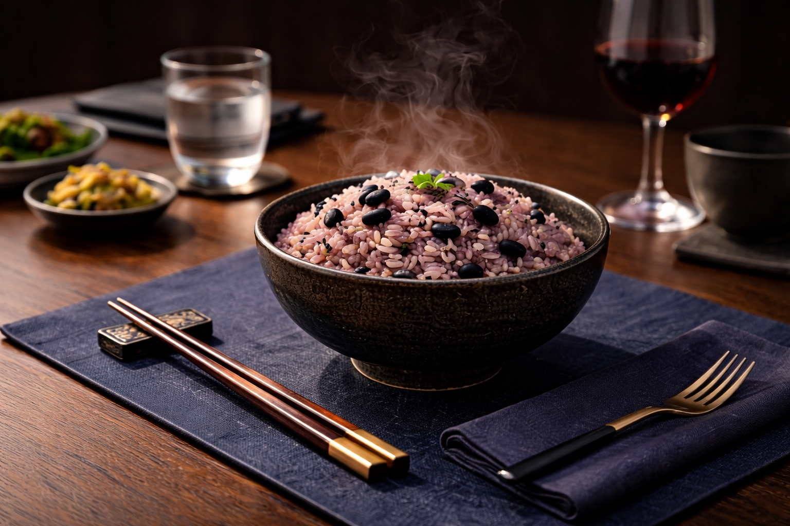 Close-up: structured rice plated with minimal garnish